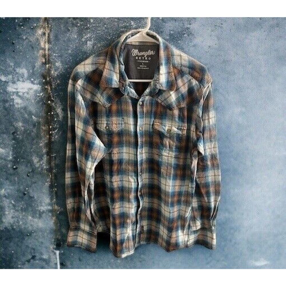 Wrangler Mens Size Large Snap Western Retro Cotton Cowboy‎ Plaid Blue Brown